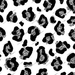 May include: A seamless pattern featuring black leopard spots with a silver glitter texture on a white background.