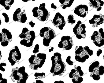 Black + Silver Glitter Leopard Print PNG - Seamless Leopard Pattern Overlay - Transparent PNG Digital Download File