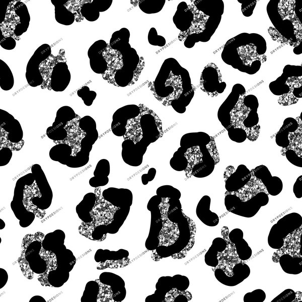 Black + Silver Glitter Leopard Print PNG - Seamless Leopard Pattern Overlay - Transparent PNG Digital Download File