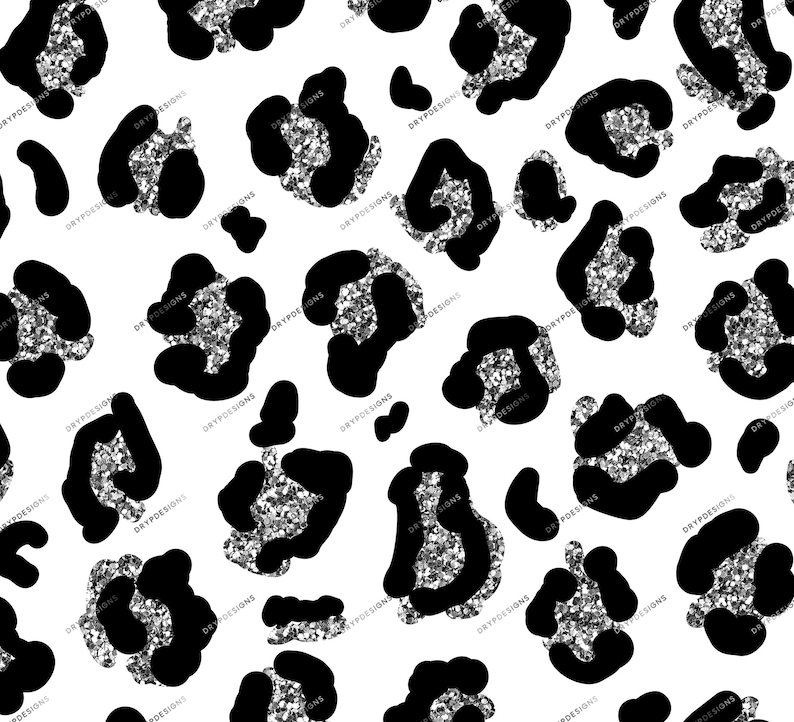 May include: A seamless pattern featuring black leopard spots with a silver glitter texture on a white background.