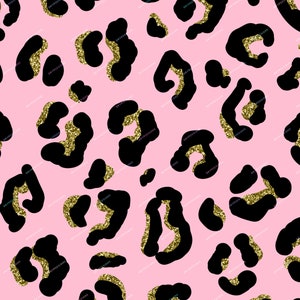 May include: A seamless pattern featuring black leopard spots with gold glitter accents on a pink background.
