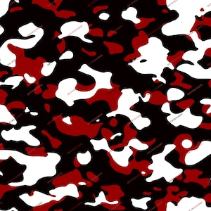 May include: Abstract camouflage pattern in black, white, and red. The pattern is made up of irregular shapes and blobs.