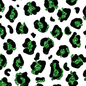 May include: A seamless pattern of black leopard spots with green glitter accents on a white background.