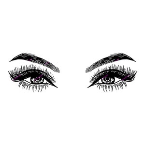 May include: A close-up of a pair of eyes with long eyelashes and defined eyebrows. The eyes are drawn in black ink on a white background.