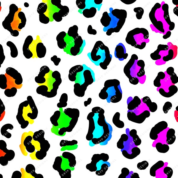 Colorful Neon Rainbow Leopard Print PNG Seamless Pattern - Transparent PNG Digital Download File