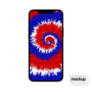 Pu&ograve; includere: Un mockup di uno smartphone nero con uno schermo tie-dye in rosso, bianco e blu. La parola "mockup" &egrave; stampata in nero su un rettangolo bianco.