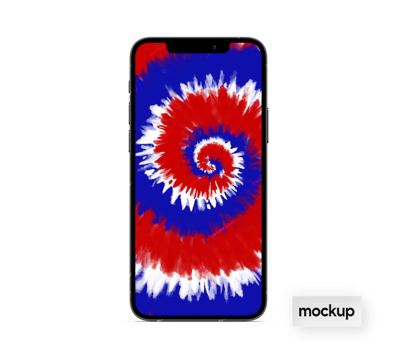 Pu&ograve; includere: Un mockup di uno smartphone nero con uno schermo tie-dye in rosso, bianco e blu. La parola "mockup" &egrave; stampata in nero su un rettangolo bianco.