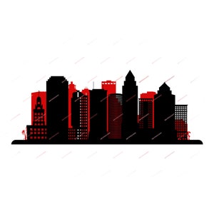 May include: Black silhouette of a city skyline with red accents on the buildings.