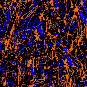 May include: Abstract seamless pattern with blue and orange paint splatters on a black background. The paint splatters are in various sizes and shapes, creating a dynamic and energetic design.