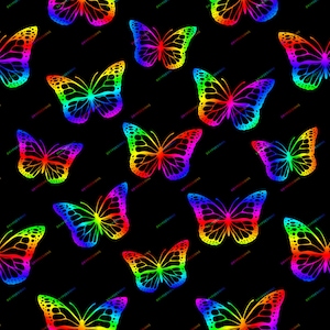 May include: A seamless pattern of rainbow butterflies on a black background. The butterflies are all facing forward and have their wings spread out.