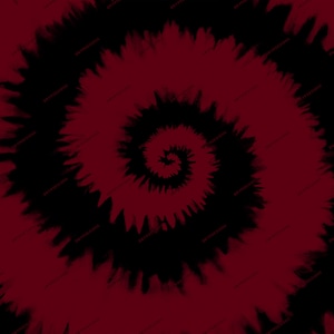 May include: A red and black tie-dye pattern with a spiral design. The background is a deep red color and the spiral is black.
