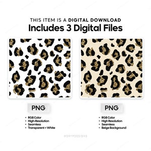May include: Two digital seamless patterns featuring a leopard print with gold glitter accents. The first pattern is on a white background and the second pattern is on a beige background.  This item is a digital download and includes 3 digital files.