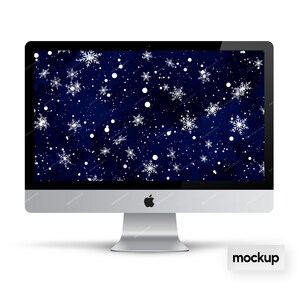May include: A computer monitor mockup with a dark blue background and white snowflakes. The monitor is a silver iMac with a white Apple logo.