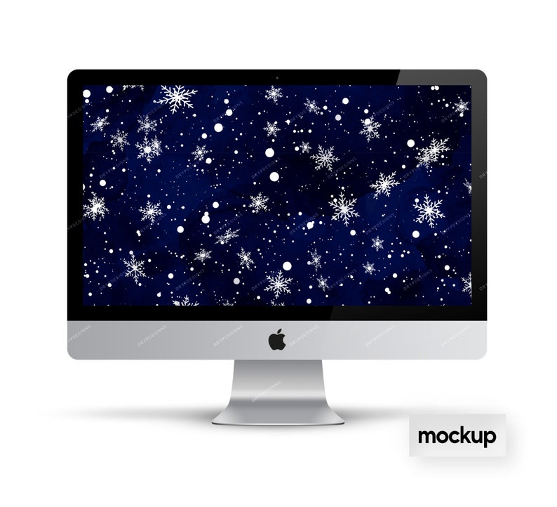 May include: A computer monitor mockup with a dark blue background and white snowflakes. The monitor is a silver iMac with a white Apple logo.