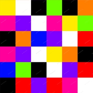 May include: A colorful checkerboard pattern with alternating squares of red, orange, yellow, green, blue, purple, pink, black, and white.