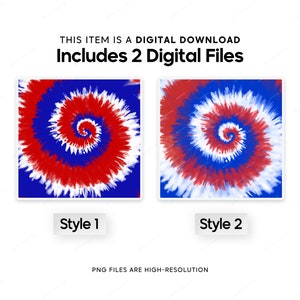 Pu&ograve; includere: Due file digitali di motivi tie-dye rosso, bianco e blu. Il primo motivo ha uno sfondo blu con una spirale bianca e rossa. Il secondo motivo ha uno sfondo bianco con una spirale blu e rossa.  "Questo articolo &egrave; un download digitale. Include 2 file digitali. Stile 1. Stile 2. I file PNG sono ad alta risoluzione."