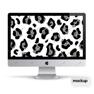 May include: A silver glitter leopard print design displayed on a computer screen mockup. The background is white and the leopard spots are black.