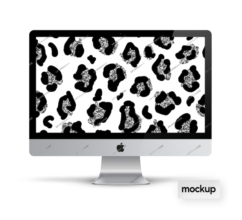 May include: A silver glitter leopard print design displayed on a computer screen mockup. The background is white and the leopard spots are black.