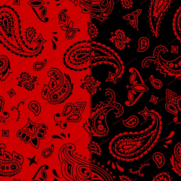 Red + Black Bandana Seamless Background Pattern - Classic Bold Paisley Fabric Digital Paper PNG - Instant Digital Download Files