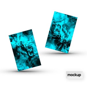 May include: Two turquoise blue and black abstract designs with a white background. The designs are in the shape of a rectangle and are slightly tilted. The word "mockup" is printed in black on a white rectangle at the bottom of the image.