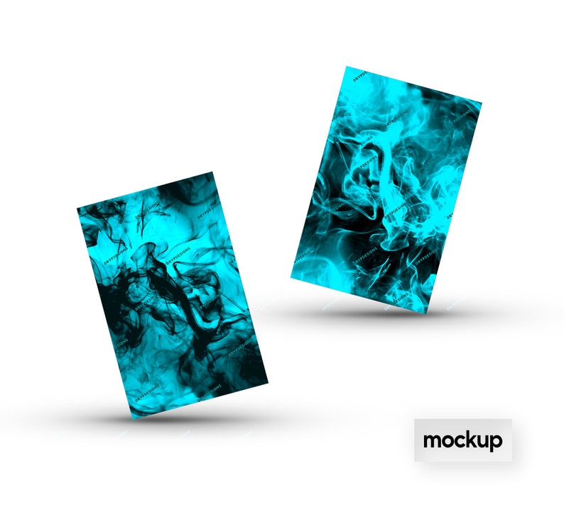 May include: Two turquoise blue and black abstract designs with a white background. The designs are in the shape of a rectangle and are slightly tilted. The word "mockup" is printed in black on a white rectangle at the bottom of the image.