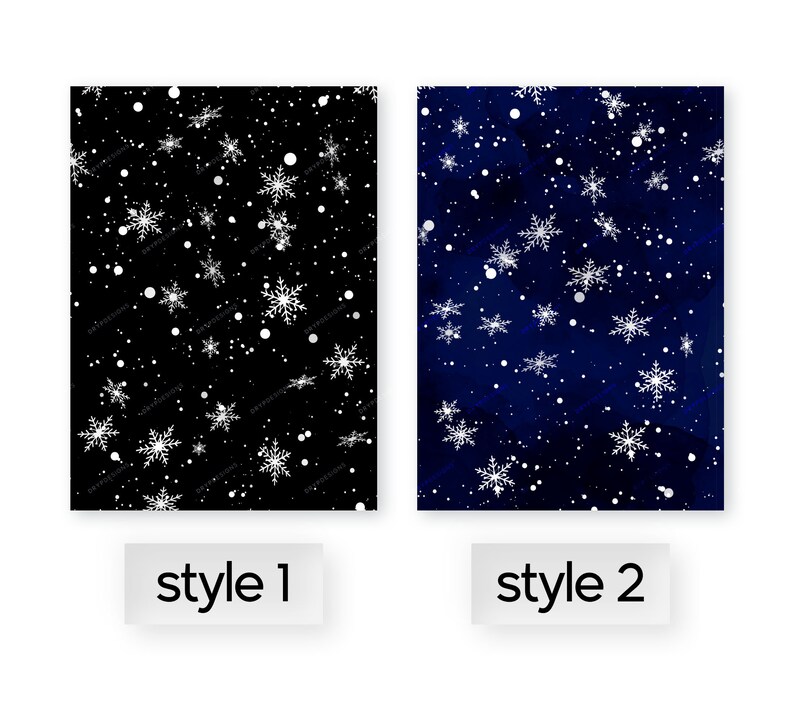 May include: Two different styles of digital paper with a snowflake pattern. The first style is black with white snowflakes. The second style is dark blue with white snowflakes.