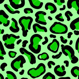 May include: A seamless pattern featuring a green and black leopard print. The background is a light green color and the leopard spots are a darker green with black outlines.