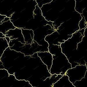 May include: Abstract seamless pattern with a black background and a network of thin, yellow lightning bolt shapes.