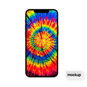 May include: A black smartphone with a tie-dye pattern on the screen. The phone is on a white background with the word "mockup" in white text on a black rectangle.