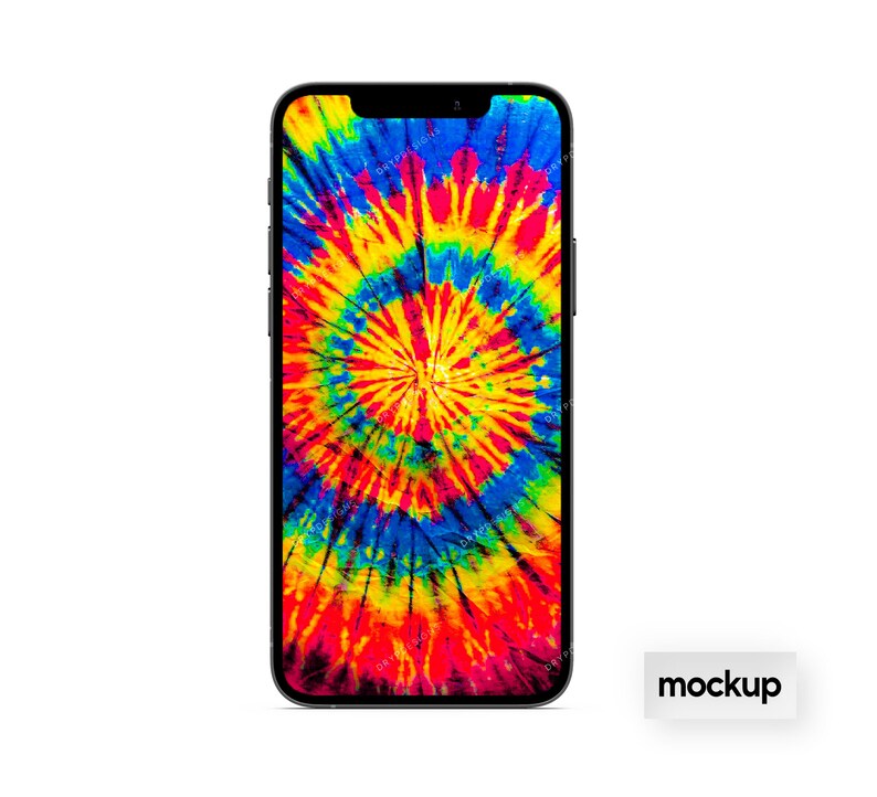 May include: A black smartphone with a tie-dye pattern on the screen. The phone is on a white background with the word "mockup" in white text on a black rectangle.