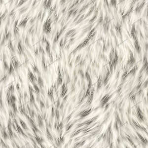 May include: White faux fur fabric with a soft, fluffy texture. The fur is arranged in a random pattern, creating a realistic look.