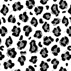 May include: A seamless pattern featuring black leopard spots with a silver glitter texture on a white background.