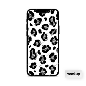May include: A black and white phone mockup with a leopard print background. The print features black spots on a white background with a silver glitter effect.