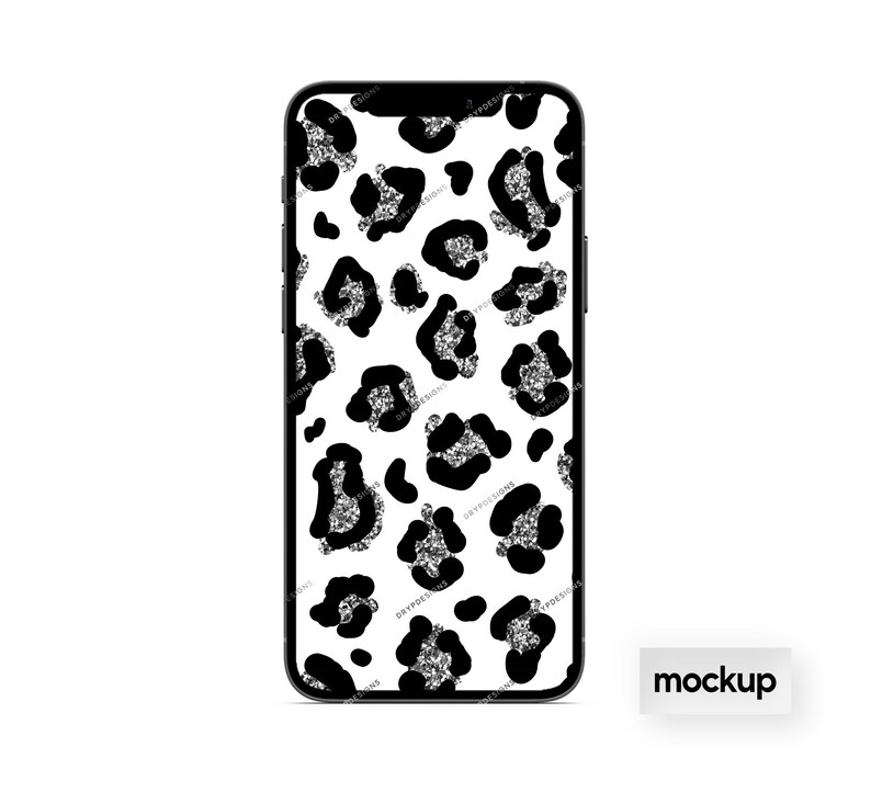 May include: A black and white phone mockup with a leopard print background. The print features black spots on a white background with a silver glitter effect.