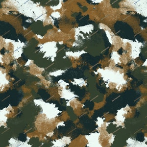 May include: Abstract camouflage pattern with shades of green, brown, and white. The pattern is made up of irregular shapes and blotches.