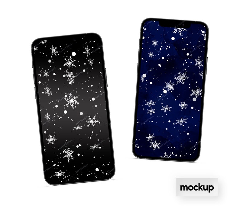 May include: Mockup of two smartphone screens displaying a wintery design with white snowflakes on a dark blue and black background.