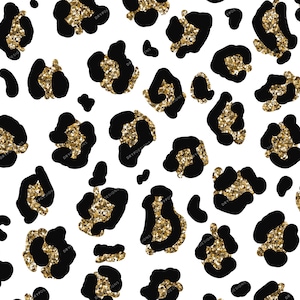 May include: A seamless pattern featuring black leopard spots with gold glitter on a white background.
