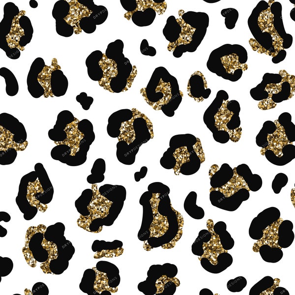 Black + Gold Glitter Leopard Print PNG - Seamless Leopard Pattern Overlay - Transparent PNG Digital Download File