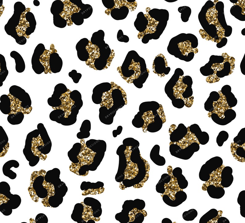 May include: A seamless pattern featuring black leopard spots with gold glitter on a white background.