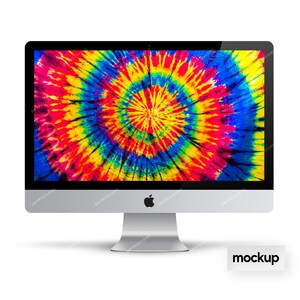 May include: A silver desktop computer with a tie-dye pattern on the screen. The computer is on a white surface. mockup