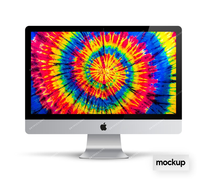 May include: A silver desktop computer with a tie-dye pattern on the screen. The computer is on a white surface. mockup