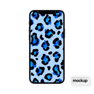 May include: A blue and black leopard print phone case mockup. The case is on a light blue background.
