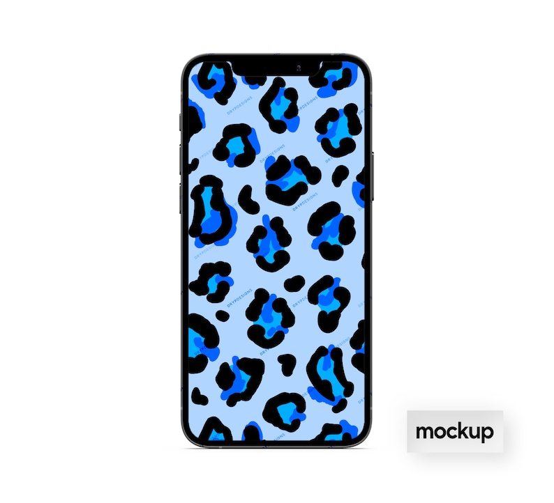 May include: A blue and black leopard print phone case mockup. The case is on a light blue background.