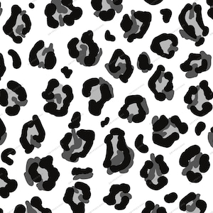 May include: A seamless pattern featuring a white background with black and gray leopard spots. The spots are irregular in shape and size, creating a dynamic and playful design.