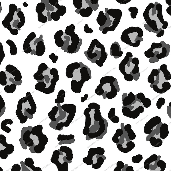 Black + White + Gray Leopard Print Seamless Pattern - Leopard Print PNG Bundle - Digital Download File