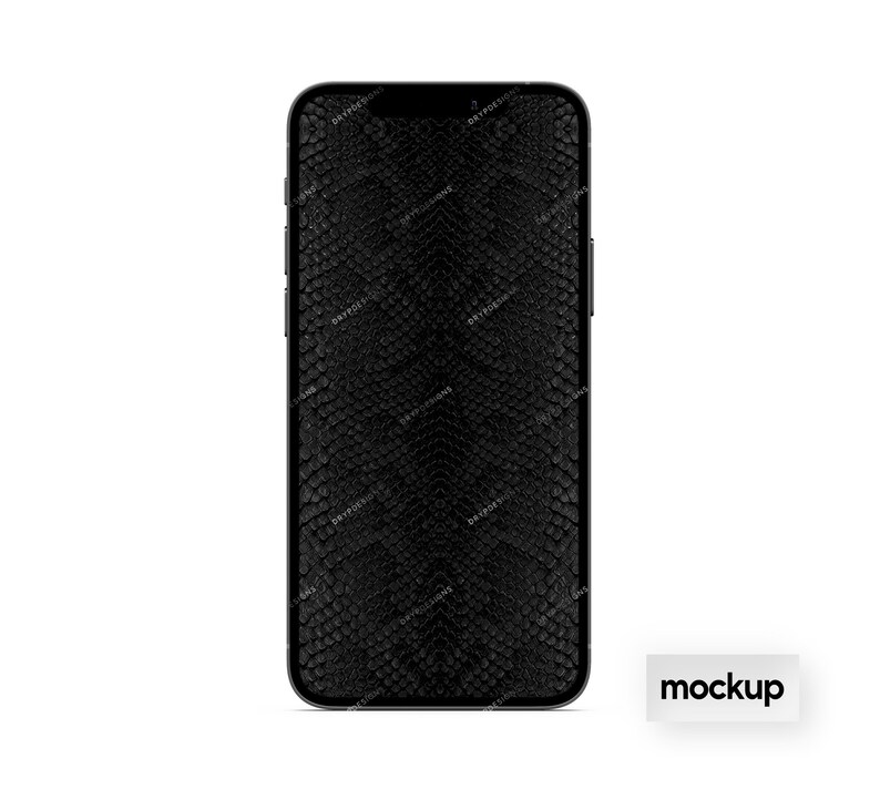 May include: Black smartphone mockup with a textured, snake-skin like pattern on the back. The word "mockup" is printed in white on a white rectangle below the phone.