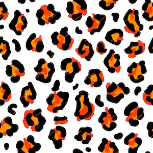 Può includere: Uno schema senza cuciture con un motivo ripetitivo di macchie di leopardo arancioni e nere su uno sfondo bianco.
