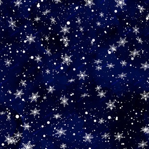 May include: A dark blue background with a white watercolor effect.  The background is covered with white snowflakes of various sizes.