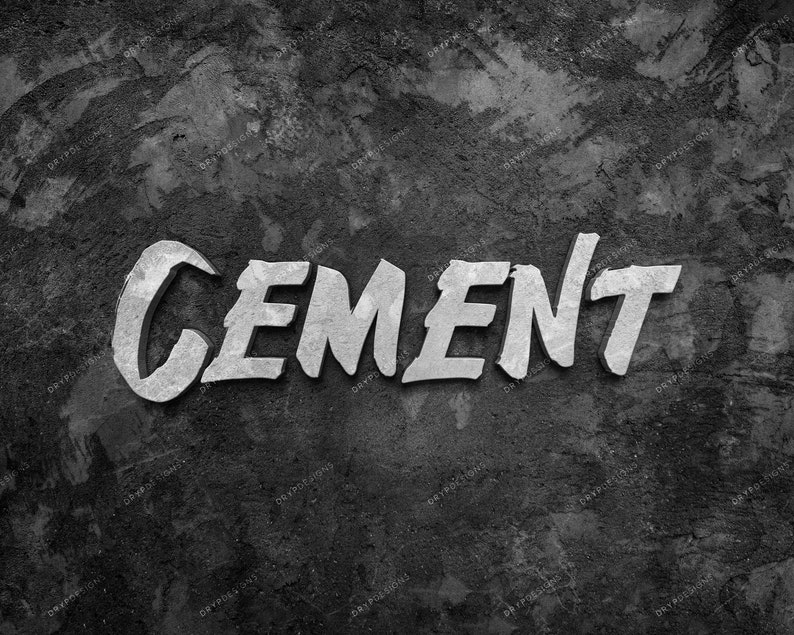 May include: The word "CEMENT" is painted in white on a rough, gray, textured wall.