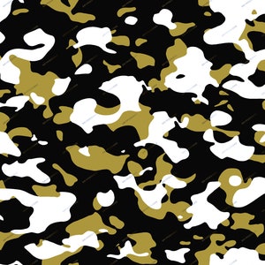 May include: Abstract camouflage pattern in black, white, and gold. The pattern is made up of irregular shapes and blobs.